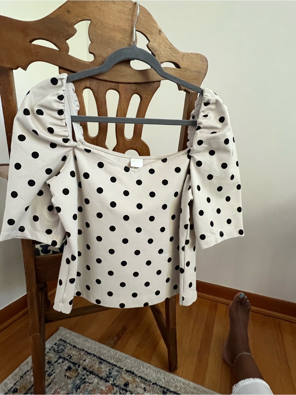H&M Off-White Top with Black Polka Dots and Puff Sleeves